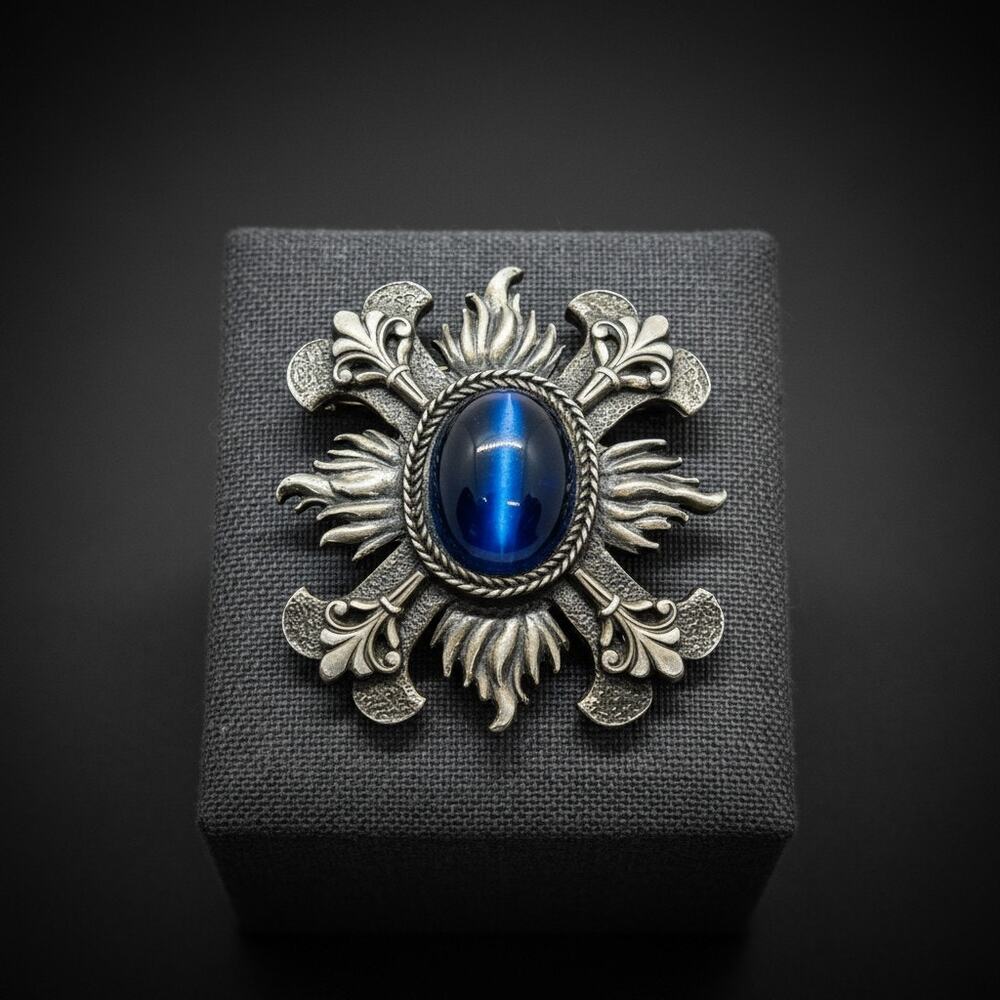Accessocraft NYC Maltese Cross Brooch-Cats Eye Cabochon-Gothic-1960s Vintage-Pin